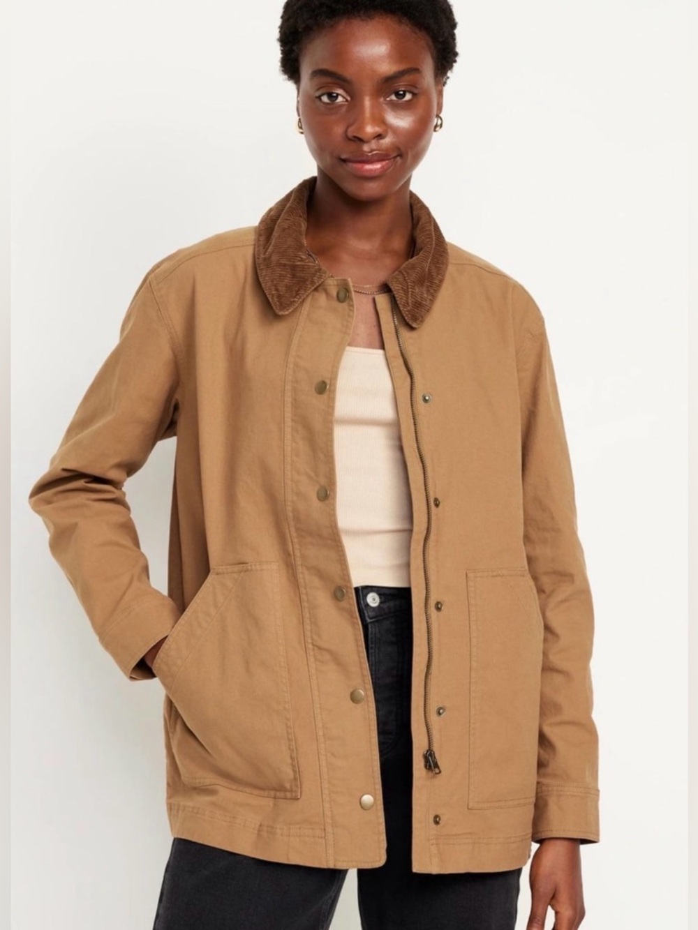 Old Navy Canvas Barn Jacket - Corduroy Collar Clifftop Tan Brown Chore Coat sz S